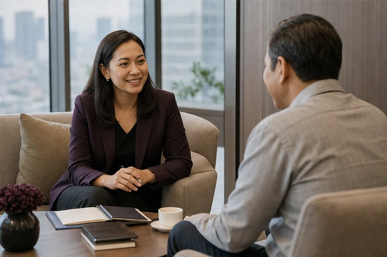 A Talisman specialist in a calm consultation with a business client